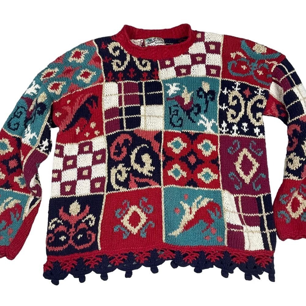 Vintage 90s Heirloom Collectibles Patchwork Knit Sweater M Bold Graphic Folksy‎